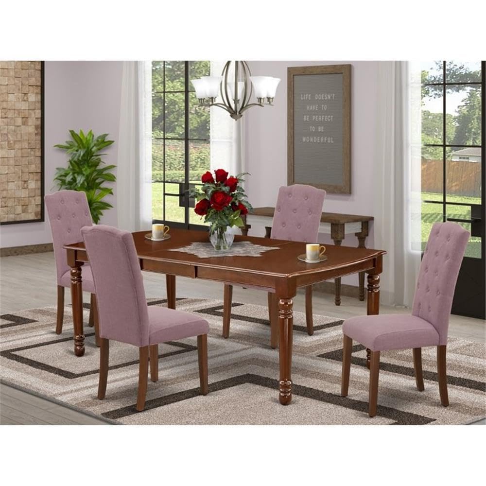 East West Furniture Doce5-Mah-10 5 Piece Kitchen Table Set For 4 Includes A Rectangle Dining Room Table With Butterfly Leaf And 4 Dahlia Linen Fabric Parsons Chairs, 42X78 Inch, Mahogany